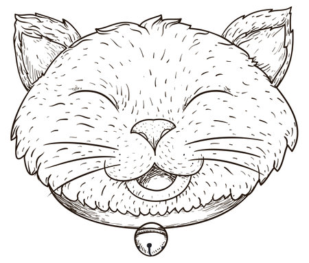Happy and smiling cat with closed eyes, soft fur, collar and jingle bell in hand drawn style.のイラスト素材
