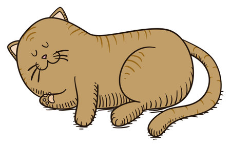Cute and striped cat lying down and taking a nap, in hand drawn and cartoon style.のイラスト素材