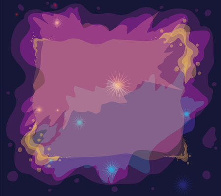 Template with empty space and colorful cosmic clouds with glowing stars over dark background.のイラスト素材