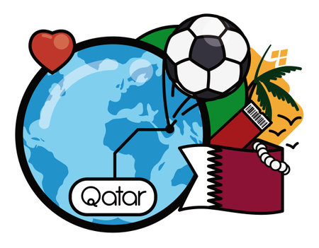 Commemorative elements for Qatar soccer event: globe with the location of this nation, soccer ball, pearls, heart, palm tree and Qatar flag, Design in flat style.のイラスト素材