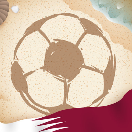 Beachy design with soccer ball drawing in the sand, shiny pearl, shell, water and waving Qatar flag.のイラスト素材