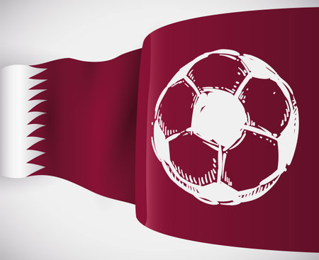 Waving Qatar flag with a soccer ball in hand drawn style painted in white color in the right.のイラスト素材