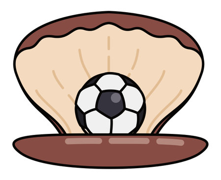 Open oyster shell with a soccer ball like a pearl. Design in outlines and flat style.のイラスト素材