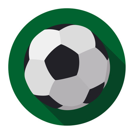 Traditional black and white soccer ball over green round button. Design in flat style and long shadow.のイラスト素材