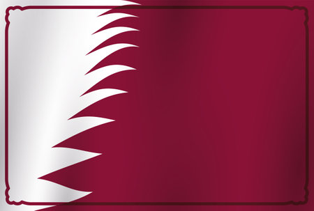 Postcard with waving Qatar flag and maroon Arabian frame. Design in gradient effect.のイラスト素材