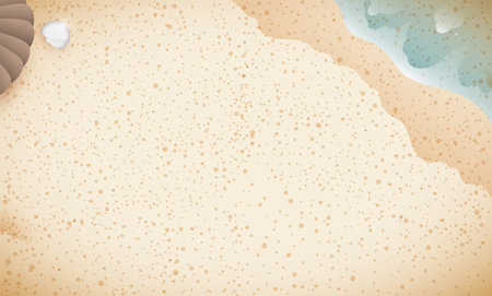 Beachy scene in top view of a serene seashore with sea waves, oyster shell and pearl.のイラスト素材