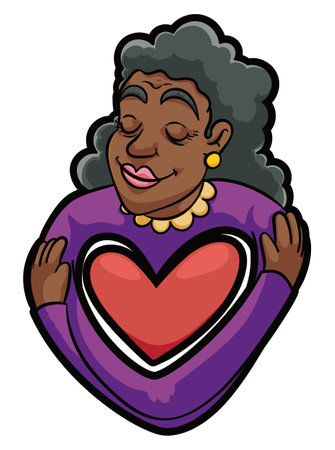 Pretty brunette and old woman embracing herself and a pink heart, representing ego and self care.のイラスト素材