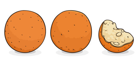 Tasty set with round dough fritters -or bunuelos in Spanish- and one half bitten, ready to enjoy during special holidays.のイラスト素材