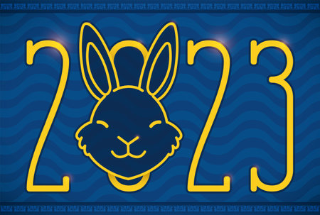 Blue design with waves, golden 2023 number and rabbit head to celebrate Chinese New Year of this...