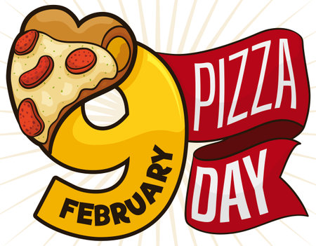 Delicious pepperoni pizza over golden number like date and greeting ribbons to celebrate a tasty Pizza Day in February 9.のイラスト素材
