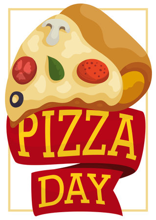 Delicious pizza with fresh and traditional ingredients to celebrate its day: tomato, olive, basil, pepperoni and portobello mushroom over greeting ribbons.のイラスト素材
