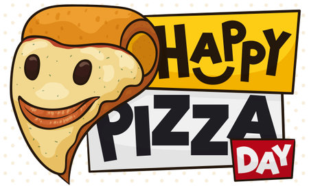 Delicious and happy pizza with smile made with anchovy and eyes of olives over dotted background and greeting sign promoting Pizza Day.のイラスト素材