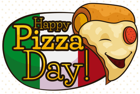 Commemorative design for Pizza Day with a smiling pepperoni pizza slice over sign with Italian colors and dotted pattern in the background.のイラスト素材