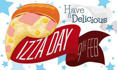 Delicious Hawaiian pizza and red ribbon to celebrate its National Day this 9th February, design over starry background.のイラスト素材