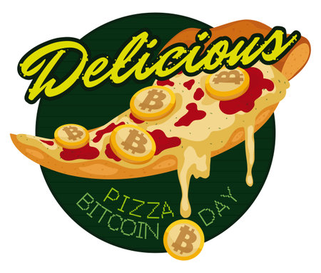 Delicious sign promoting Pizza Bitcoin Day, with pizza slice of cheese, tomato sauce and decorated with golden coins of this crypto currency over round button with pixelated greeting.のイラスト素材