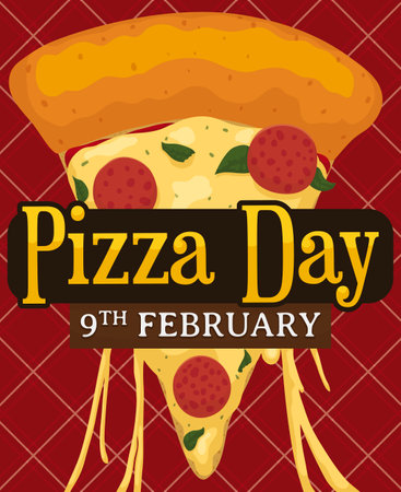Delicious pizza with pepperoni, basil and mozzarella cheese melting over squared tablecloth ready to celebrate Pizza Day this 9th February.のイラスト素材