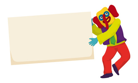 Rectangular sign template held by a happy and colorful Marimonda, character from Colombian's Carnival of Barranquilla. Design isolated in cartoon style.のイラスト素材