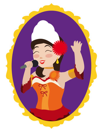 Pretty Barranquilla's Carnival Queen portrait with traditional dress, crown, flower and mic, reading the royal proclamation (in Spanish: Lectura del Bando), inside a decorated frame.のイラスト素材