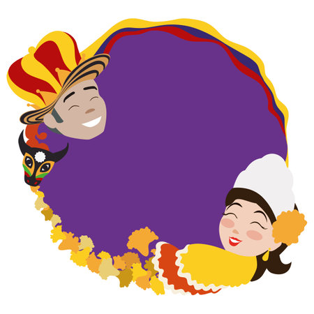 Purple round button decorated with petals, torito mask, Colombian flag and the smiling faces of Momo King and Barranquilla's Carnival Queen in flat style.のイラスト素材