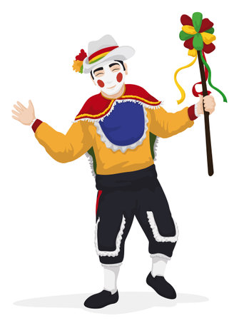 Garabato dancer with traditional costume for Barranquilla's Carnival: wand with hung ribbons, sunglasses, hat with ribbons and cayenne flower, yellow shirt, front bib, black trousers and cape.のイラスト素材
