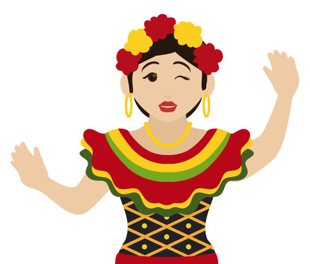 Beautiful woman dancer of Garabato dance saluting at you, while enjoy the Barranquilla's Carnival.のイラスト素材