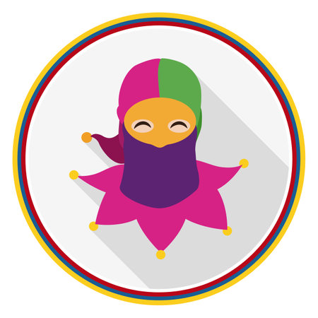 Portrait of Monocuco character inside button decorated with Colombian flag for the Barranquilla's Carnival. Design in flat style and long shadow.のイラスト素材