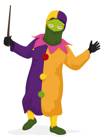 Isolated Monocuco character from Barranquilla's Carnival with traditional costume: colorful suit, hood, mask, big buttons, jingle bells and totumo's rod.のイラスト素材