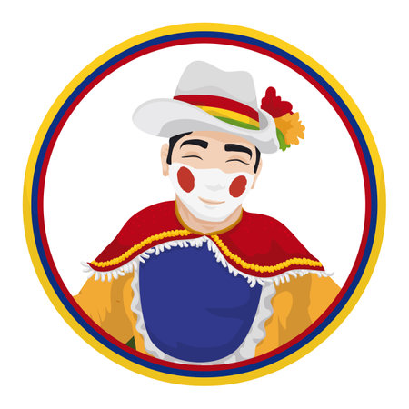 Round button with Garabato portrait for Barranquilla's Carnival and Colombian flag in the border.のイラスト素材