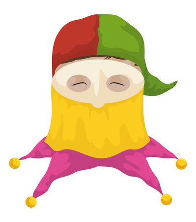 Happy head of Monocuco with mask, jingle bells and colorful clothes for Barranquilla's Carnival. Design in cartoon style over white background.のイラスト素材