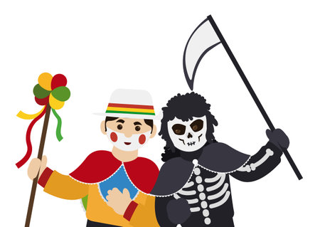 Festive Garabato versus Death, characters in traditional dance for the Barranquilla's Carnival. Design in flat style.のイラスト素材
