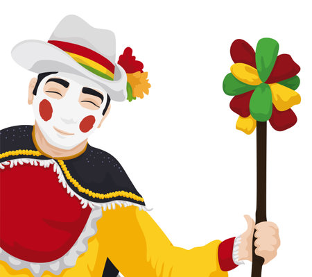 Smiling Garabato character holding a wand with colorful and hung ribbons while enjoys the Barranquilla's Carnival.のイラスト素材