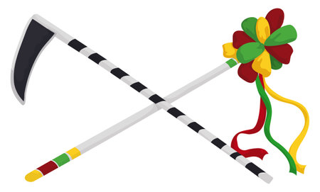 Black scythe crossed with colorful Garabato wand with ribbons to celebrate Barranquilla's Carnival dance.のイラスト素材