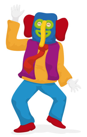 Happy Marimonda, a traditional character of Barranquilla's Carnival with happy gesture and colorful disguise. Design isolated in cartoon style.のイラスト素材