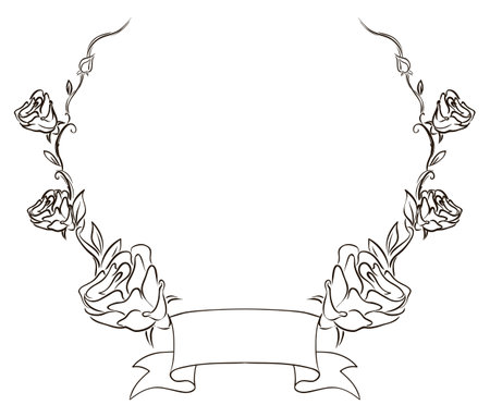 Round frame made with roses, buds, stem, leaves and ribbon. Template design in hand drawn style.のイラスト素材