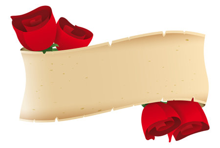 Teared and antique parchment template, wrapping red roses. Design in gradient effect over white background.のイラスト素材