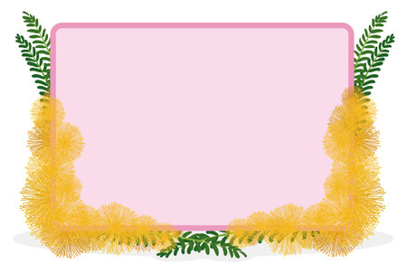 Template design with pink card decorated with yellow mimosa flowers and green branches.のイラスト素材