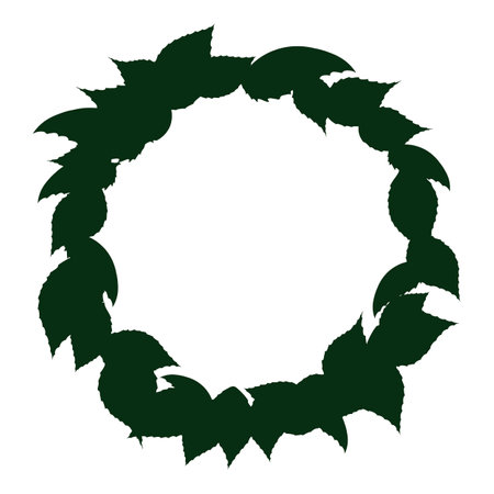 Dark and green leaves in rounded wreath silhouette, isolated over white background.のイラスト素材