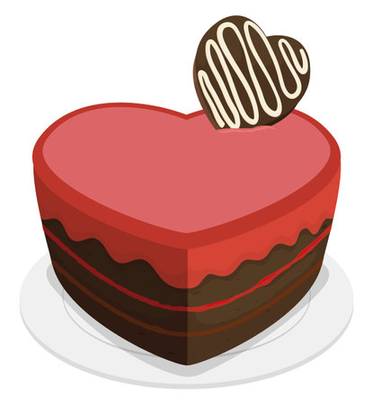 Heart-shaped cake with red cover and chocolate candy on top over plate. Design in cartoon style over white background.のイラスト素材