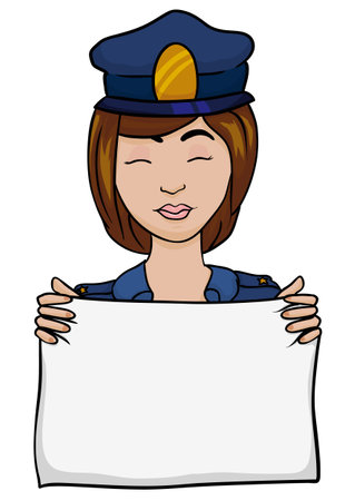 Happy policewoman in blue uniform and cap with badge, holding a paper template. Isolated character in cartoon style.のイラスト素材