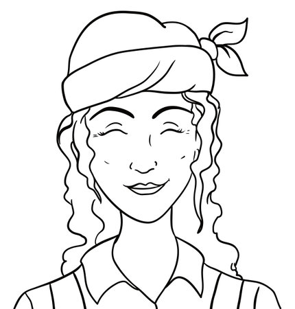 Portrait of pretty woman of curly hair, wearing a bandana and overalls. Illustration in outlines for coloring activities.のイラスト素材
