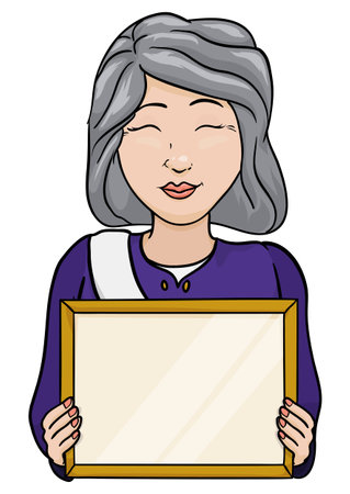 Proud older woman with gray hair, elegant purple dress and sash, holding a blank diploma frame. Design in cartoon style over white background.のイラスト素材