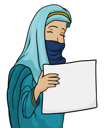 Template design with woman wearing a blue hijab, holding an empty paper with her hands. Design in cartoon style.のイラスト素材