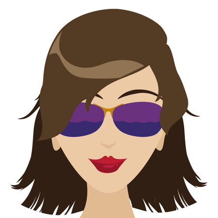 Portrait of pretty brunette woman with red lips and sunglasses. Design in flat style over white background.のイラスト素材