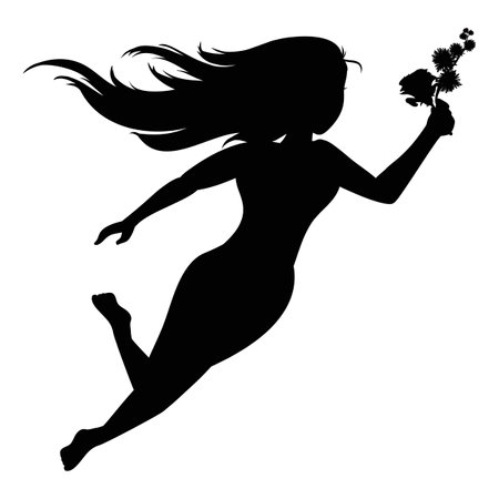 Silhouette of long-haired woman holding rose and mimosa flowers while float over white background.のイラスト素材