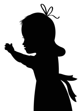 Black silhouette of a cute little girl with raised hand, elegant dress and bow on her head.のイラスト素材