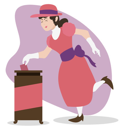 Woman wearing old-fashioned dress and elegant hat, depositing her vote in a ballot box. Portrait in flat style.のイラスト素材