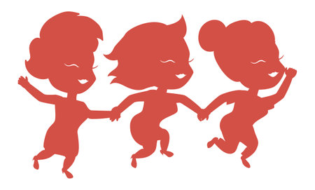 Red silhouette of three happy women holding hands and celebrating their friendship.のイラスト素材