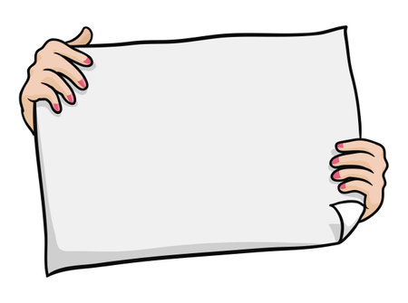 Hands holding an inclined blank paper. Template design in cartoon style over white background.のイラスト素材