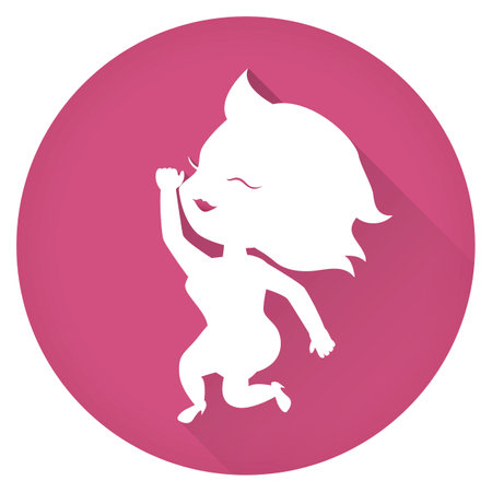 White silhouette of happy woman jumping and raising fist, inside pink round button with long shadow effect.のイラスト素材