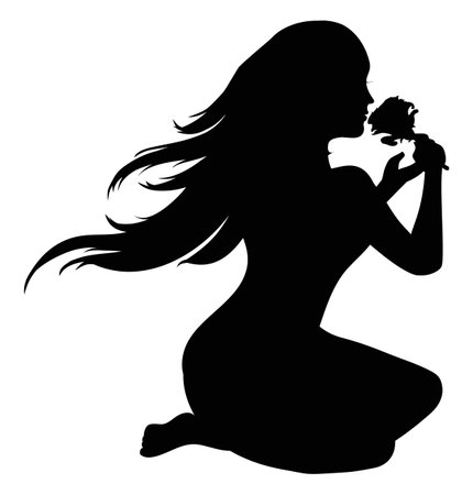 Silhouette of seated woman with long hair, holding and smelling a rose.のイラスト素材